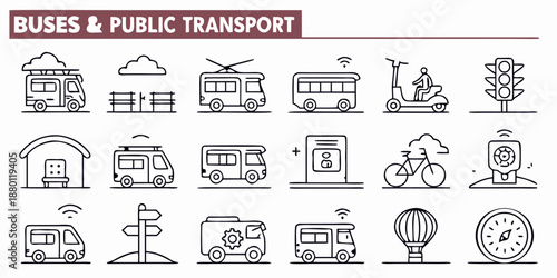 Buses and Public Transport Line Icons Set.