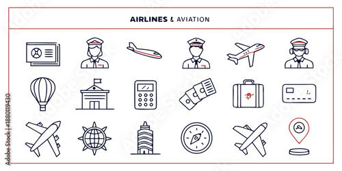 Comprehensive Airlines and Aviation Travel Line Icons Set.