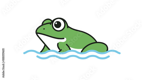 A cartoon green frog in the water with a big eye.