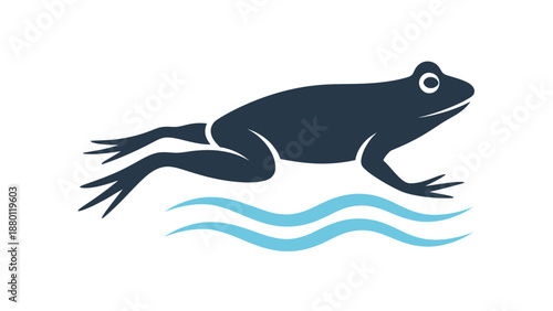 Simple illustration of a dark blue frog swimming in water.