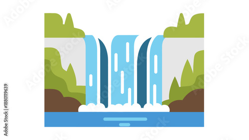 Stylized illustration of a serene waterfall landscape with lush greenery.