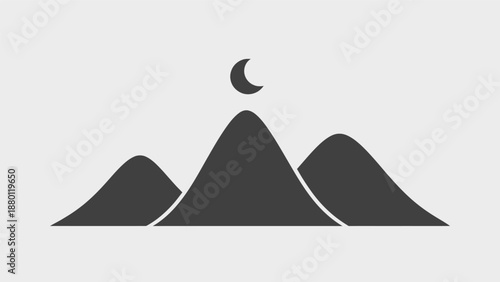 Simple illustration of mountains under a crescent moon at night.