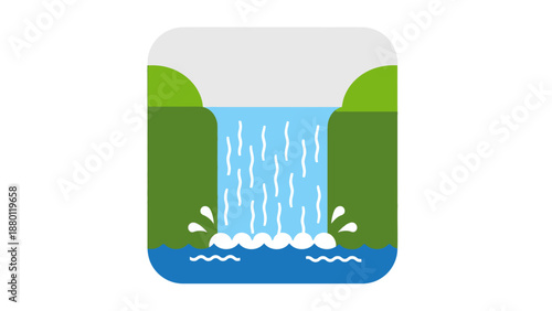 Stylized illustration of a serene waterfall landscape.