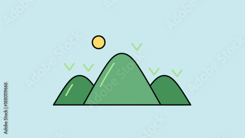 Simple illustration of green hills under a sun.