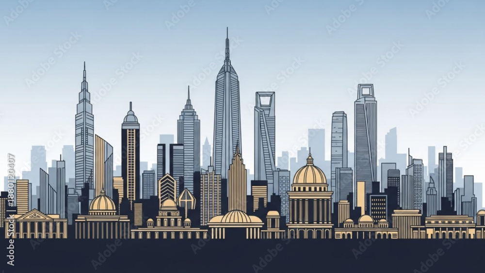 Fototapeta premium Illustration of a large city skyline with tall skyscrapers and buildings