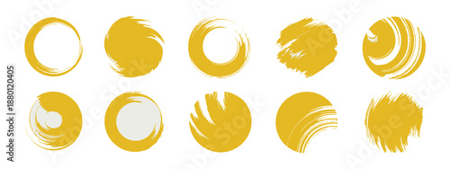 Set of Yellow Brush Stroke Circles and Rings Keywords: yellow, circle, ring, brush stroke, paint