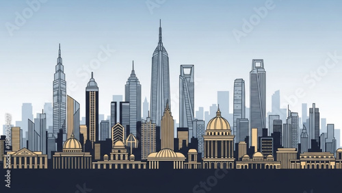 Illustration of a large city skyline with tall skyscrapers and buildings