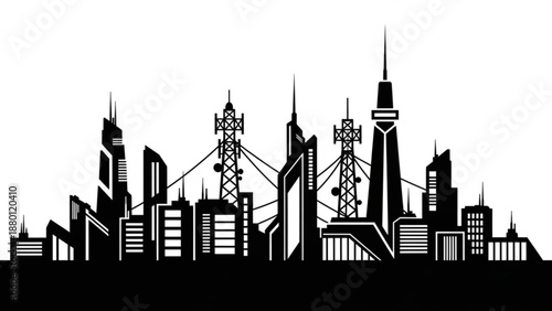 Black silhouette of a city skyline with skyscrapers and towers