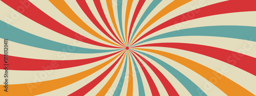 Vintage Swirl Sunburst Background with Red Orange Blue and Cream Stripes Keywords: vintage