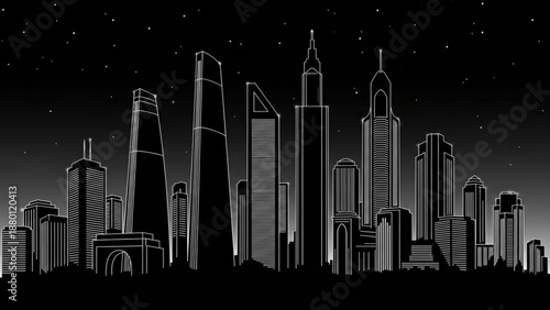 City skyline at night with tall buildings and stars in the sky