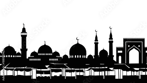 Black silhouette of a mosque with domes and minarets in a cityscape