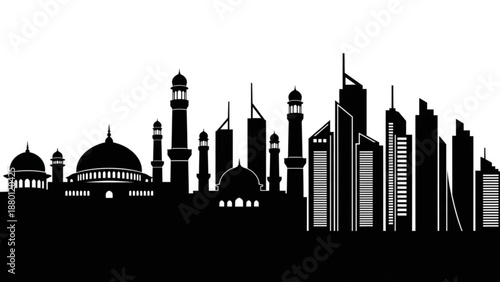 Black silhouette of a city skyline with mosque and skyscrapers