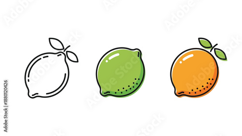 Three citrus fruits in varying styles including a black outline silhouette