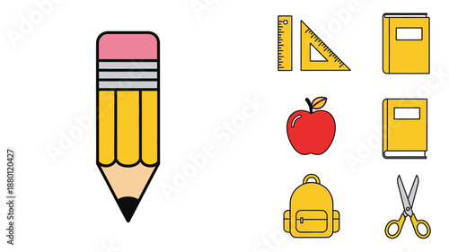 Colorful school supplies including a pencil apple and backpack silhouette