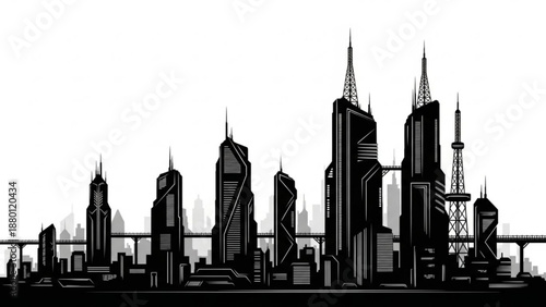 Black silhouette of a modern city skyline with tall skyscrapers
