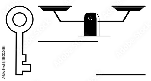 Legal principles, decision-making, fairness, access, key solutions, equality. A black and white design a key and a balance scale. Legal principles and decision-making