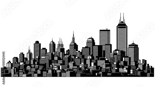 Black and white illustration of a city skyline with tall skyscrapers and buildings