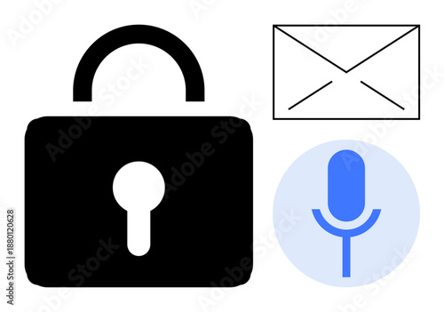 Online security, data privacy, encrypted communication, secure messaging, email safety, voice recognition. Black lock, envelope and microphone symbol. Online security and data privacy concept
