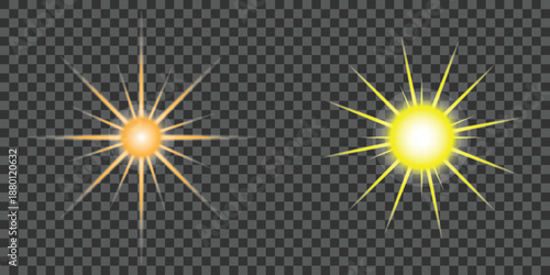 Orange and Yellow Starburst Effects with Glowing Radial Spikes on Transparent Background