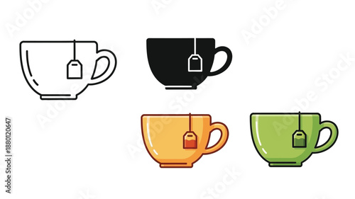 Four colorful and outlined tea cups including a striking black silhouette