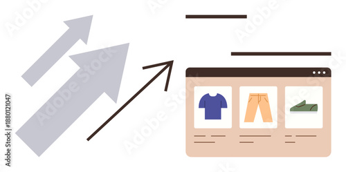 Online shopping, e-commerce growth, business analytics, digital trends, retail market, and sales strategy. Arrows pointing to an e-commerce website mockup. Online shopping and e-commerce growth
