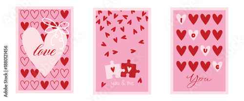 Valentines day romantic Posters Set. Romantic Love Phrase, Trendy Playful style. 14 February greeting cards templates with decorative hearts and  love quotes. Perfect for greeting cards and prints