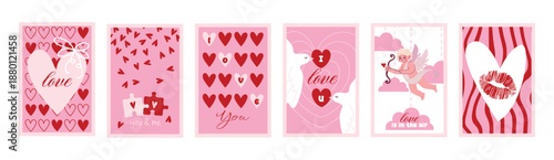 Valentines day romantic Posters Set. Romantic Love Phrase, Trendy Playful style. 14 February greeting cards templates with decorative hearts and  love quotes. Perfect for greeting cards and prints