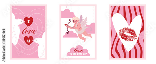 Valentines day romantic big Posters Set. Romantic Love Phrase, Trendy Playful style. 14 February greeting cards templates with decorative hearts and  love quotes. Perfect for greeting cards and prints