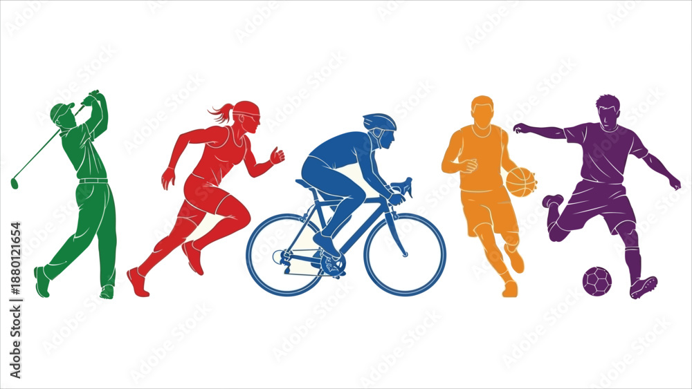 Fototapeta premium Sports Athlete Silhouette Set – Vector Collection of Running, Soccer, Hockey, Volleyball, Basketball, Rugby, Baseball, American Football, Cycling, and Golf 