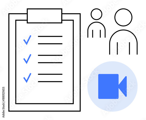 Task management, teamwork, video calls, digital communication, online collaboration, project planning. A checklist with checkmarks, user profiles and a video camera icon. Task management