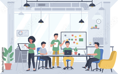 Creative Team Brainstorming with Kanban Board in Office