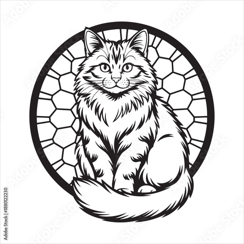 Fluffy Longhair Cat Portrait in Geometric Honeycomb Mandala Frame