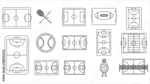 Vector Illustration of Sports Field Markings – Handball, Tennis, American Football, Soccer, Baseball, Basketball, Hockey, Water Polo, Volleybal.