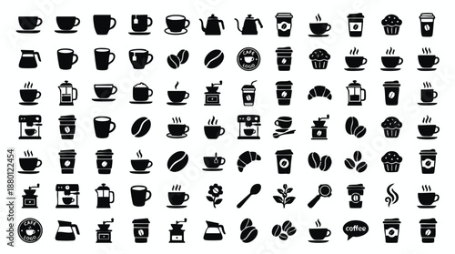 Black and white coffee icons and symbols collection