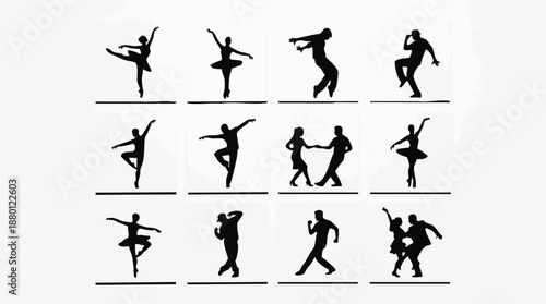 Silhouettes of dancers in various poses and movements