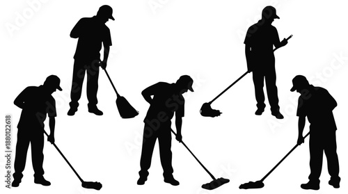 Silhouettes of people cleaning with brooms and mops