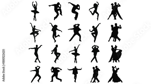 Silhouettes of people dancing and posing in various dynamic movements