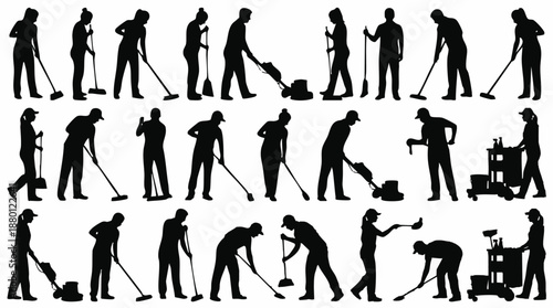 Silhouettes of people working with various cleaning tools and equipment