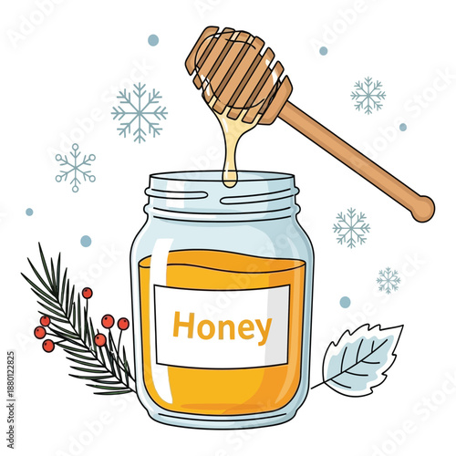 Winter illustration of a honey jar and dipper with snowflakes and berries