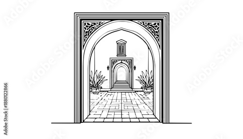 Torhöfe & Arkaden: Perspektivische Zeichnungen von mediterranen oder orientalischen Durchgängen und Innenhöfen.KI Generiert