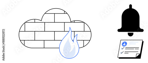 Cloud firewall with flame symbolizing cybersecurity, next to notification bell and checklist highlighting alerts and tasks. Ideal for data protection, monitoring, tech, efficiency, planning