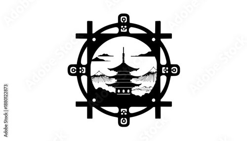 Bäume & Landschaften: Minimalistische Bergmotive und japanisch inspirierte Landschaften mit Pagoden. Die starken Kontraste sorgen für ein sauberes Ergebnis beim Lasern. KI Generiert