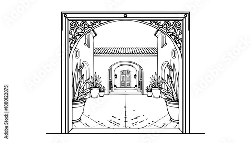 Torhöfe & Arkaden: Perspektivische Zeichnungen von mediterranen oder orientalischen Durchgängen und Innenhöfen.KI Generiert