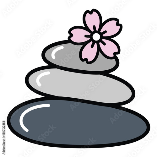 A cartoon illustration featuring a stack of three smooth stones with a pink flower on top