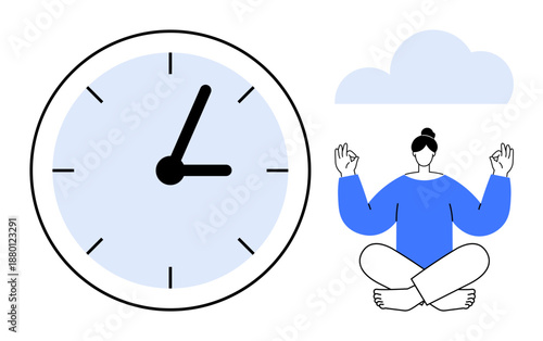 Time management, mindfulness, stress relief, productivity, wellness, relaxation. Clock time and person meditating under a cloud. Mindfulness and stress relief conceptual