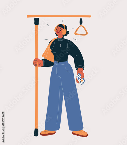 Cartoon vector illustration of woman commuting on public transport holding handrail and listening to music in headphones, urban lifestyle concept