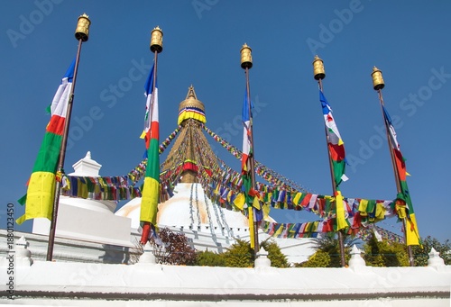 Boudhanath stupa prayer flags Kathmandu buddhism Nepal