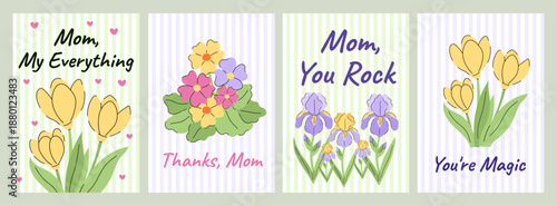 Botanical Mother's Day greeting cards with  yellow tulips, blooming irises, and dainty primrose bouquets. Clean aesthetic with soft green and lavender vertical stripes.