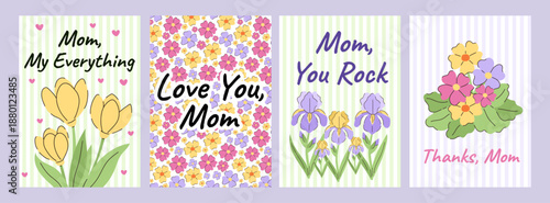 Floral Mother’s Day greeting cards with elegant hand-drawn irises and primrose blossoms. Includes heartwarming typography: "Best Mom Ever," "You're Magic," and "Thanks, Mom." 