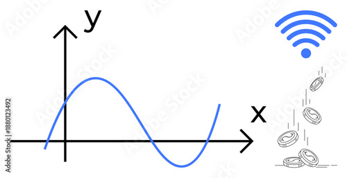Financial technology, digital transactions, data analytics, wireless communication, market trends, economic growth. Graph with fluctuating line and coins under wireless signal. Financial technology